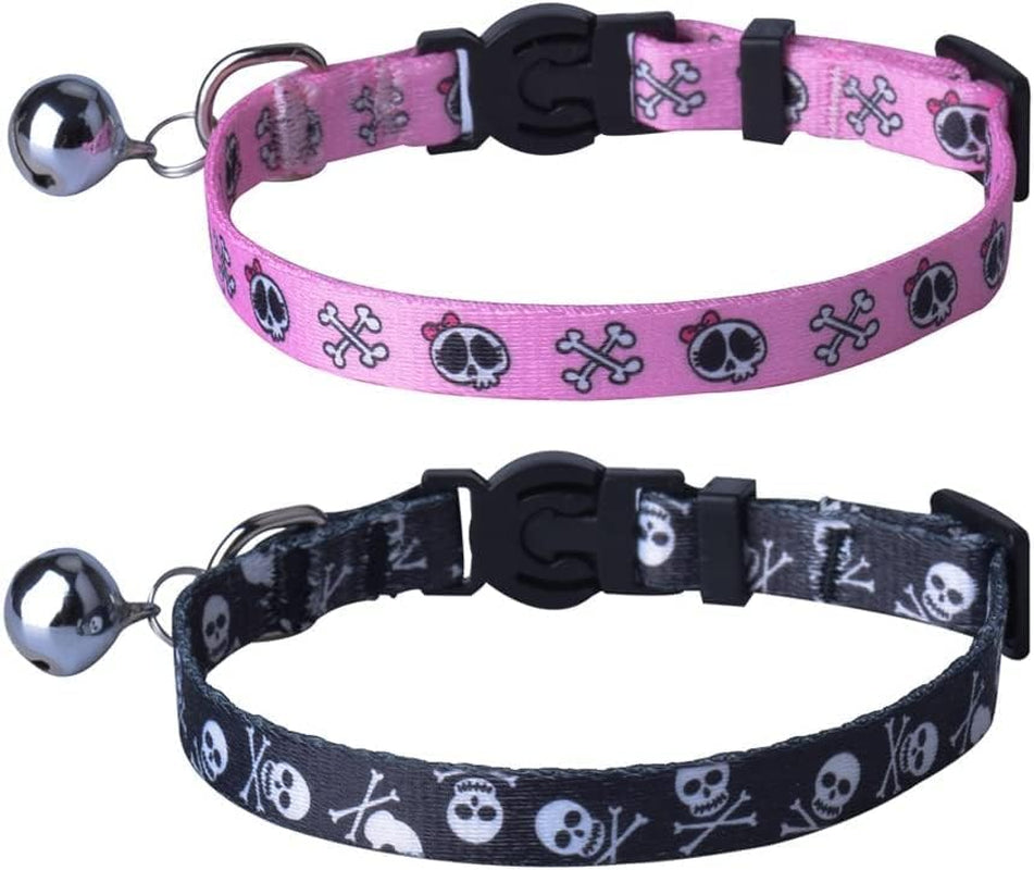 Breakaway Cat Collar with Bell Charm, 2 Packs Adjustable Kitty Collars Pink & Black Skull Pattern, 7.8-11.8 In