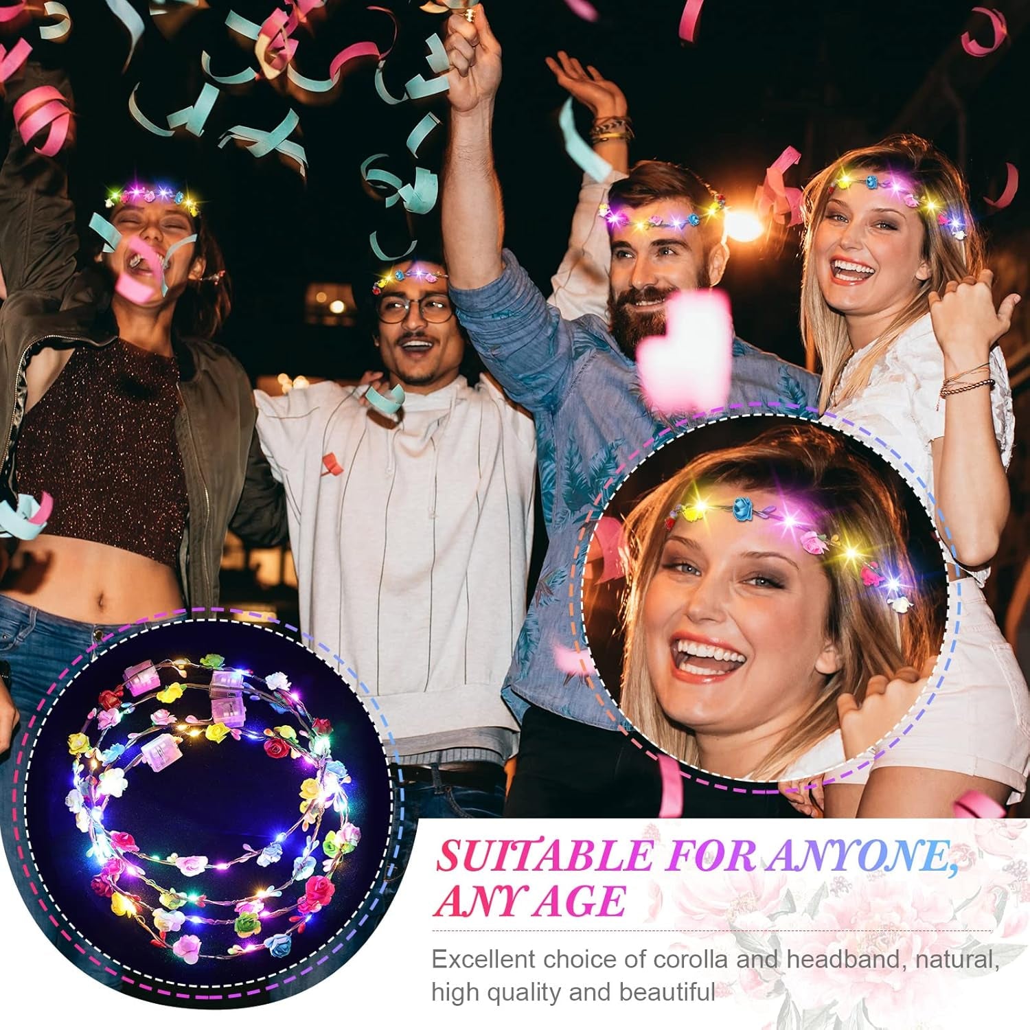 50 Pcs LED Flower Crowns Headbands, Light up Flower Crowns for Women, Glow in the Dark Headband for Wedding Reception Birthday Christmas Mardi Gras Cosplay Princess Party Favors(Rose)