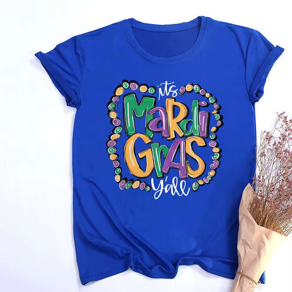 Mardi Gras Shirt for Women It'S Mardi Gras Yall Shirt Carnival Outfit Shirt Holiday Bleached Short Sleeve Tops Clothes