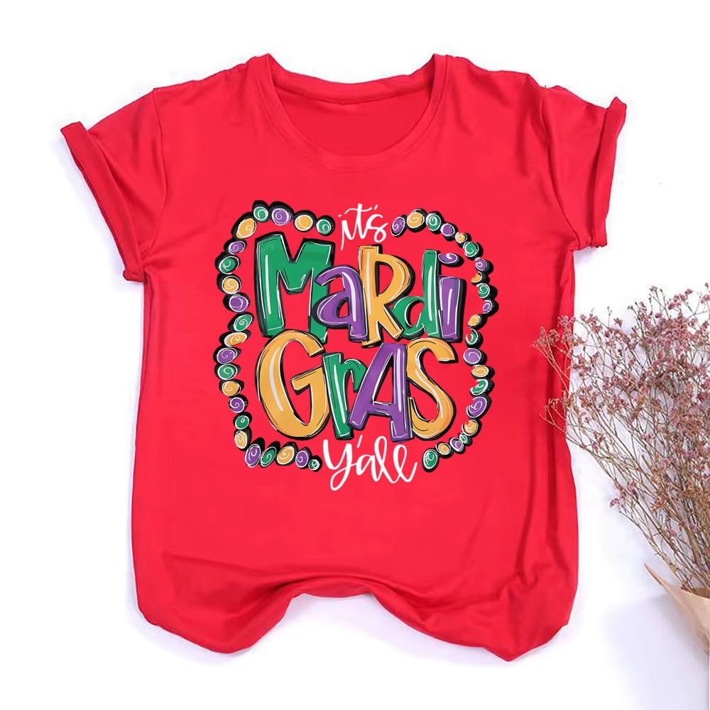 Mardi Gras Shirt for Women It'S Mardi Gras Yall Shirt Carnival Outfit Shirt Holiday Bleached Short Sleeve Tops Clothes