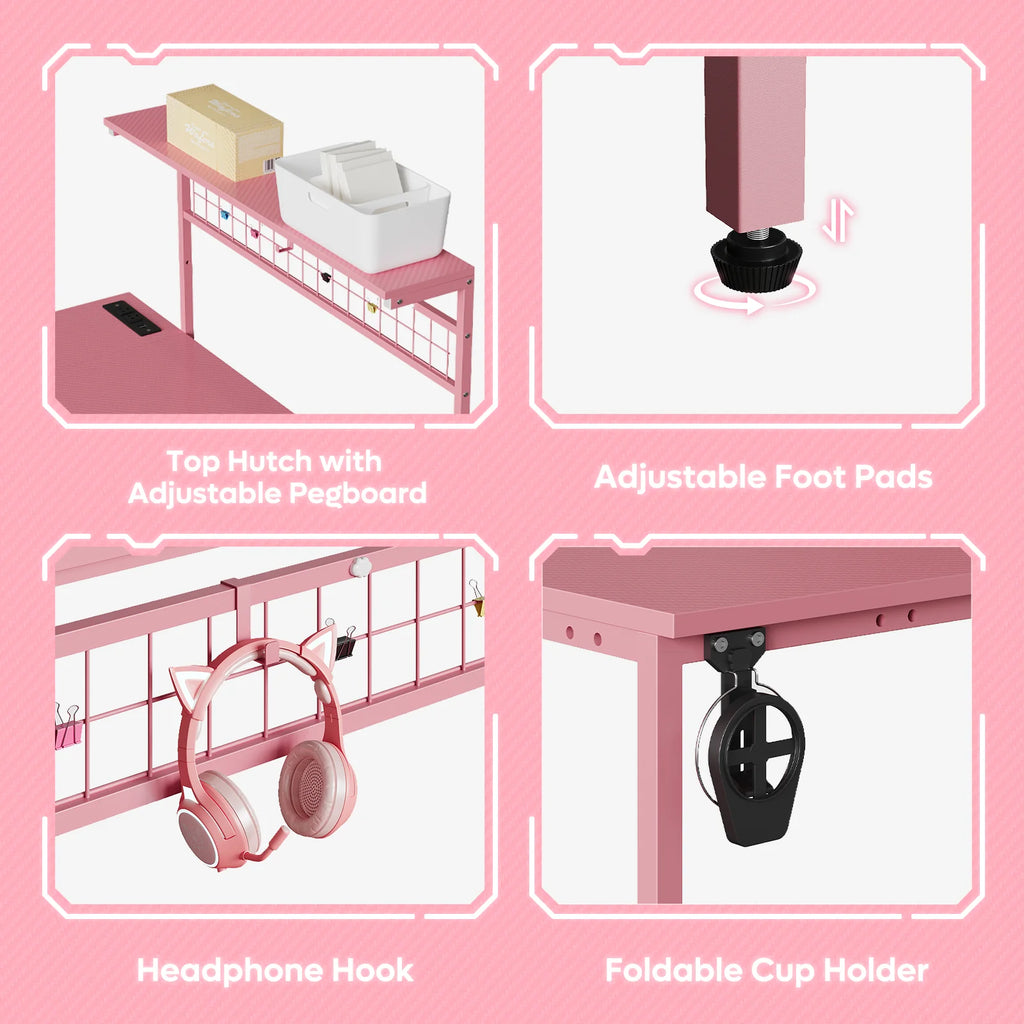 51 L Shaped Gaming Desk with Power Outlets, LED Workstation with 4 Tiers Shelves for Home Office, Gamer Reversible Table with Hooks and Cup Holder,Carbon Fiber Pink