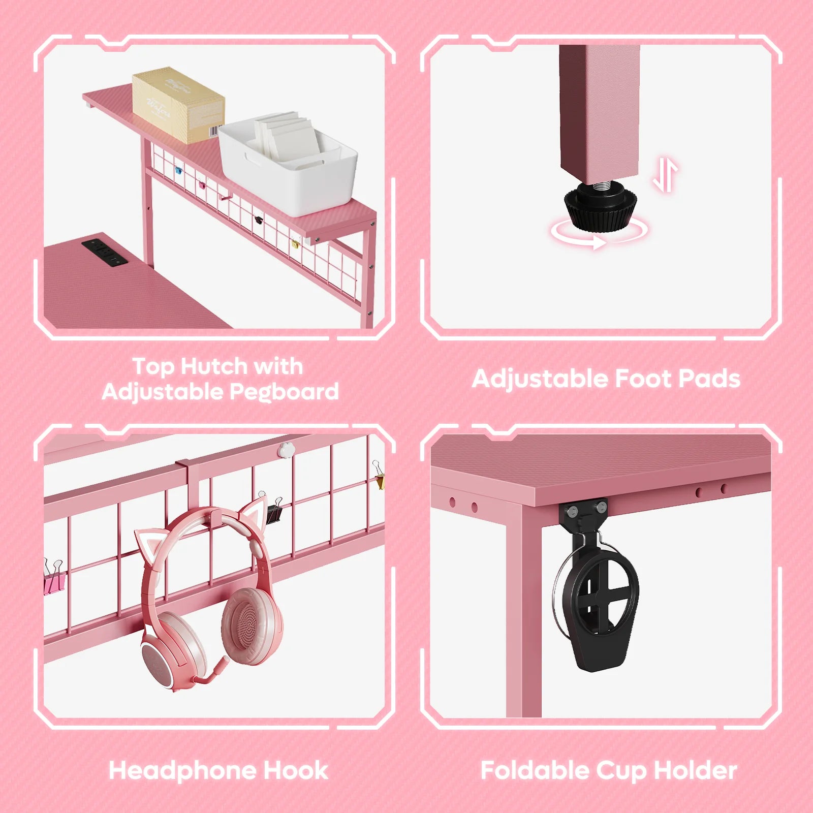 51 L Shaped Gaming Desk with Power Outlets, LED Workstation with 4 Tiers Shelves for Home Office, Gamer Reversible Table with Hooks and Cup Holder,Carbon Fiber Pink