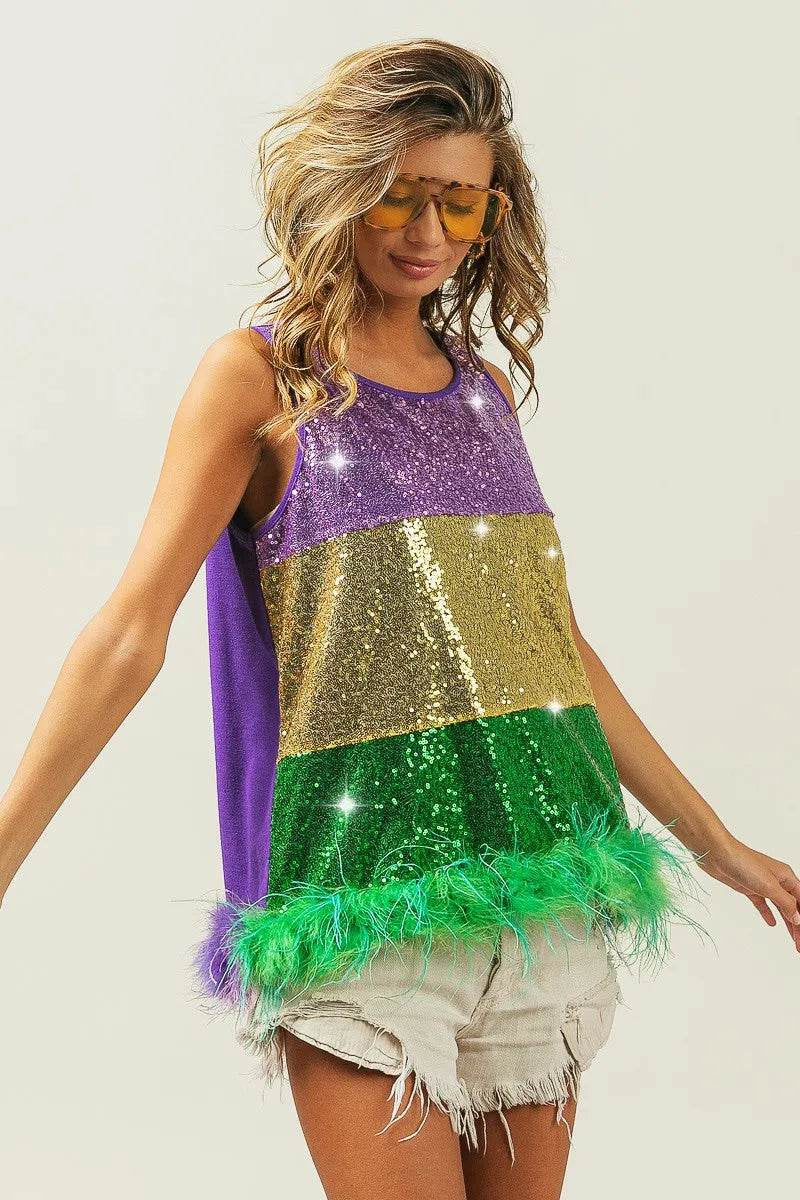 Bibi Mardi Gras Color Block Faux Feather Hem Sequin Top