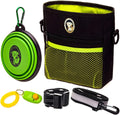 Dog Treat Pouch for Training & Walking, Pet Treat Bag with Poop Bag Dispenser, Pro Clicker, Collapsible Travel Bowl & Reflective Shoulder Strap - Black/Green