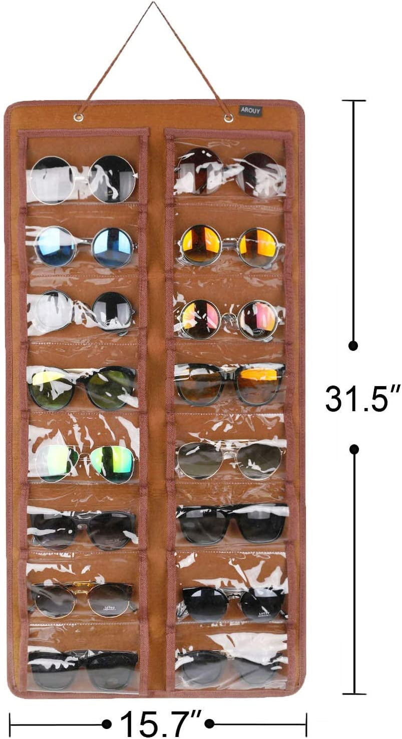Sunglasses Organizer Storage, Hanging Dust Proof Wall Pocket Glasses Organizer - 16 Felt Slots Sunglass Organizers Holder with Metal Hook and Sturdy Rope (Brown, Dust Proof)