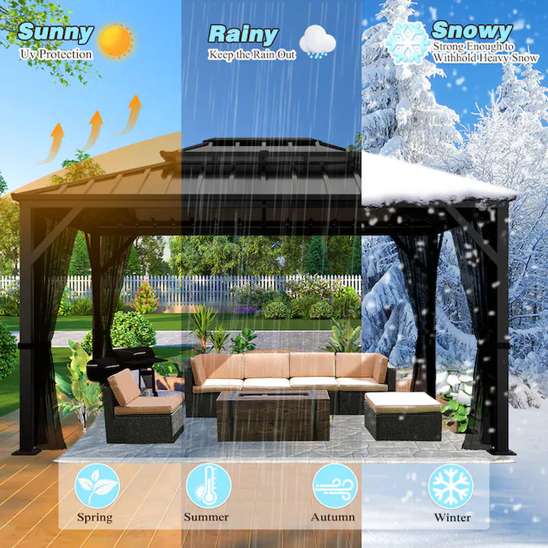 12-Ft X 10-Ft Hardtop Black Gazebo with Hardtop Roof (Screen Included)