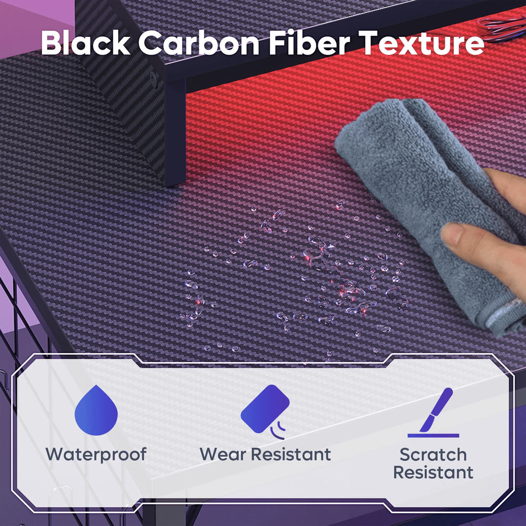 41.7 Inch Gaming Desk with LED Monitor Stand, Storage Pocket, Grid Side Frame, for Gaming Room and Home Office, Carbon Fiber Black