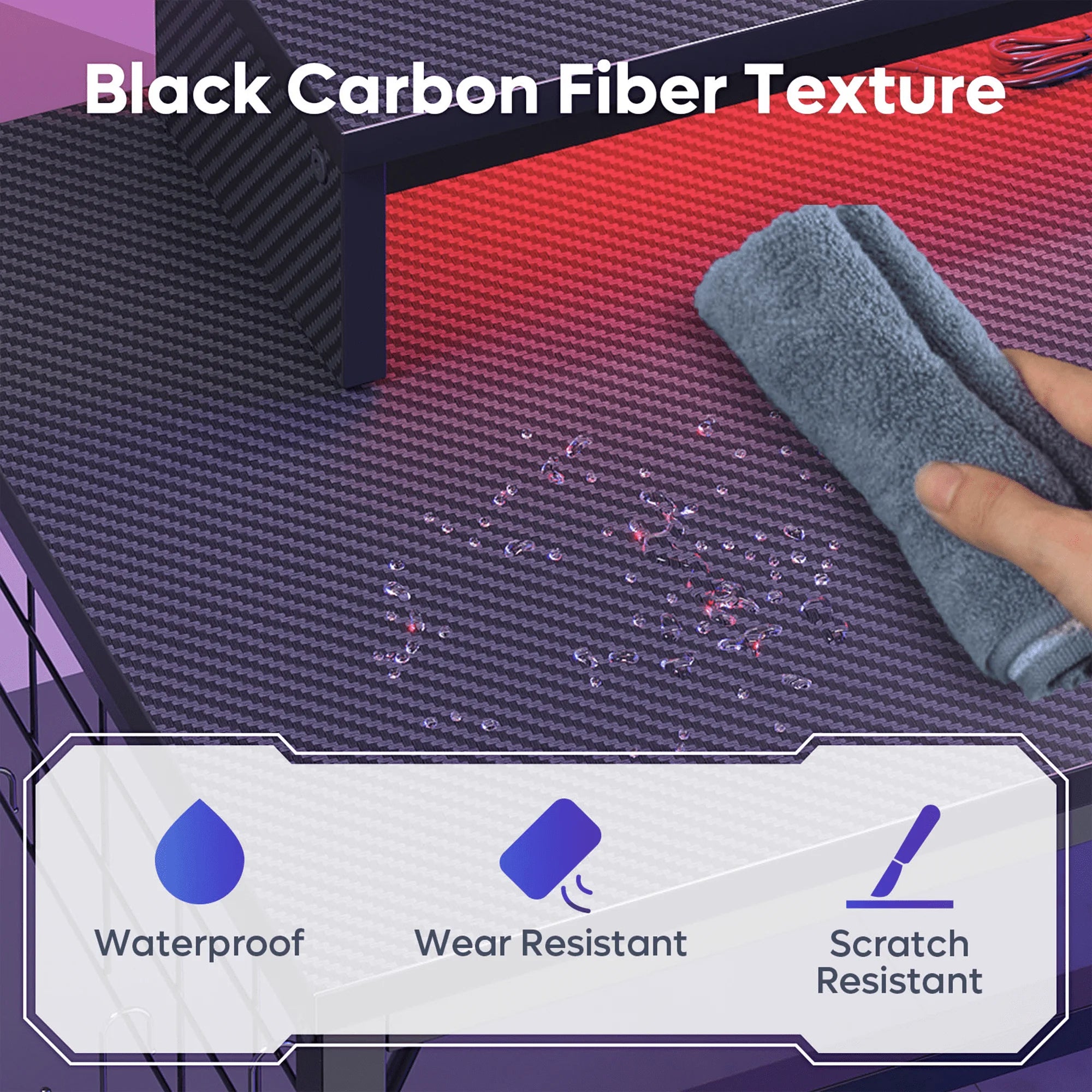 41.7 Inch Gaming Desk with LED Monitor Stand, Storage Pocket, Grid Side Frame, for Gaming Room and Home Office, Carbon Fiber Black