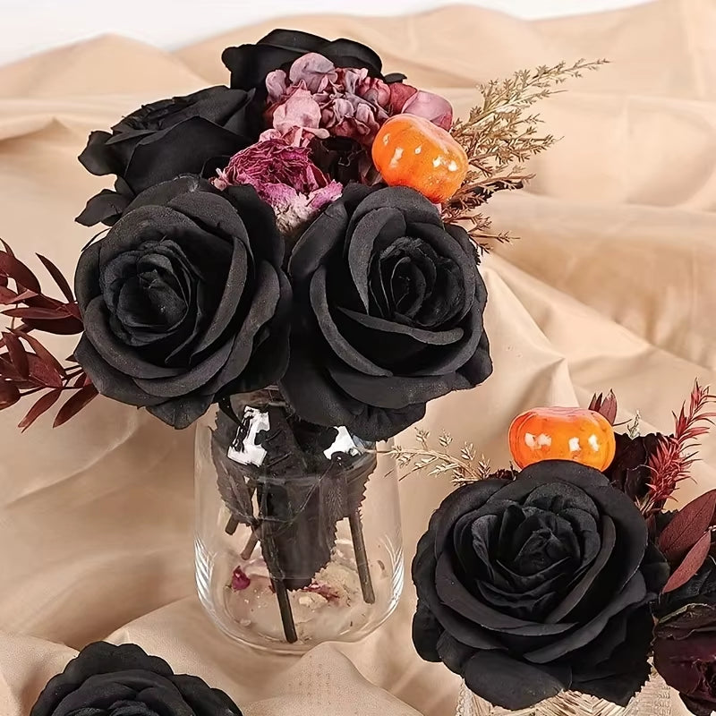 Artificial Black Roses Fake Flowers, Long Stem, with No Container, for Halloween, Home Decor, Wedding Party, Tabletop