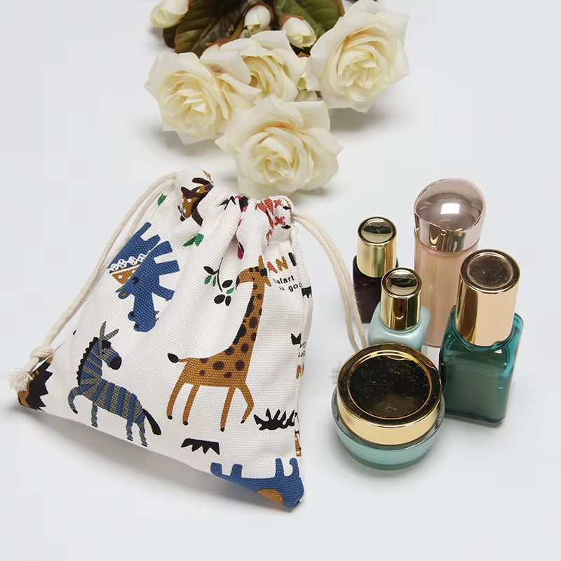 Drawstring Cartoon Animals Printed Storage Bags Organizer Cotton Linen Jewelry Cosmetic Pouchbaby Clothing Kids Toys Candy Bags