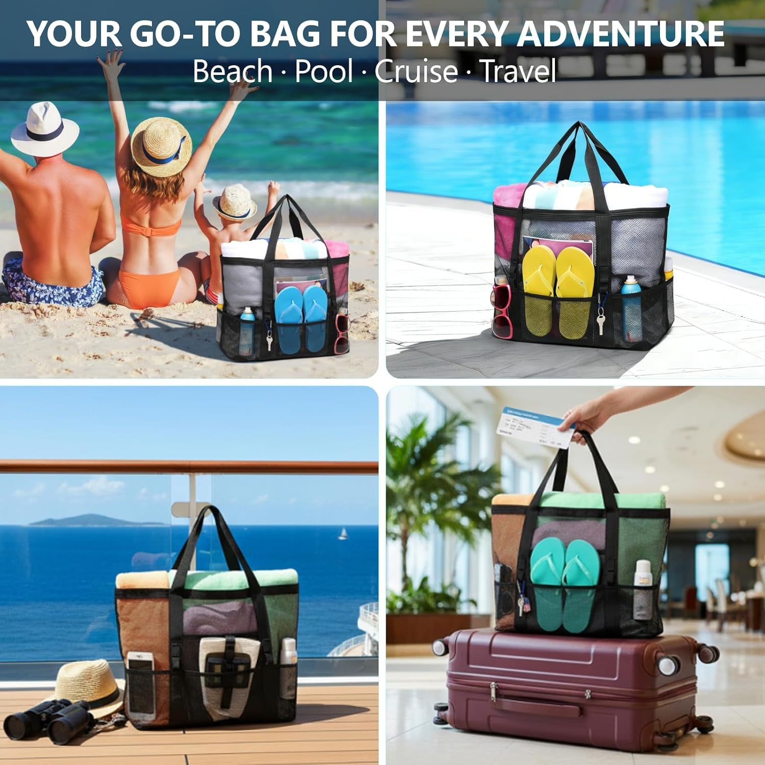 Mesh Beach Bag Family - Large Tote Bag for Cruise Pool Toys Beach Vacation Essentials