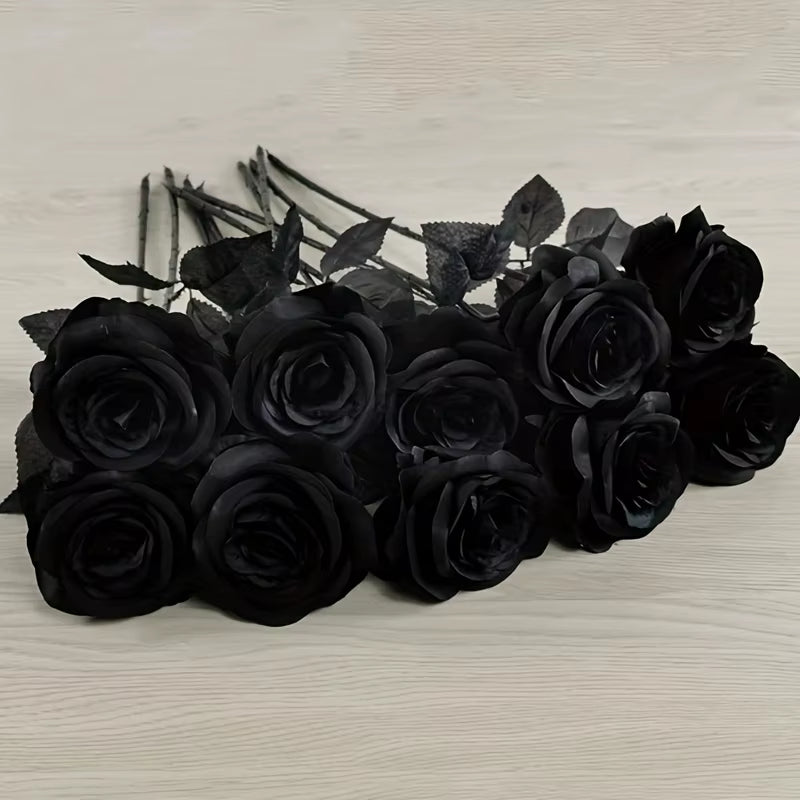 Artificial Black Roses Fake Flowers, Long Stem, with No Container, for Halloween, Home Decor, Wedding Party, Tabletop