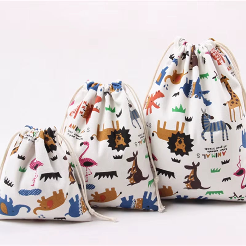 Drawstring Cartoon Animals Printed Storage Bags Organizer Cotton Linen Jewelry Cosmetic Pouchbaby Clothing Kids Toys Candy Bags