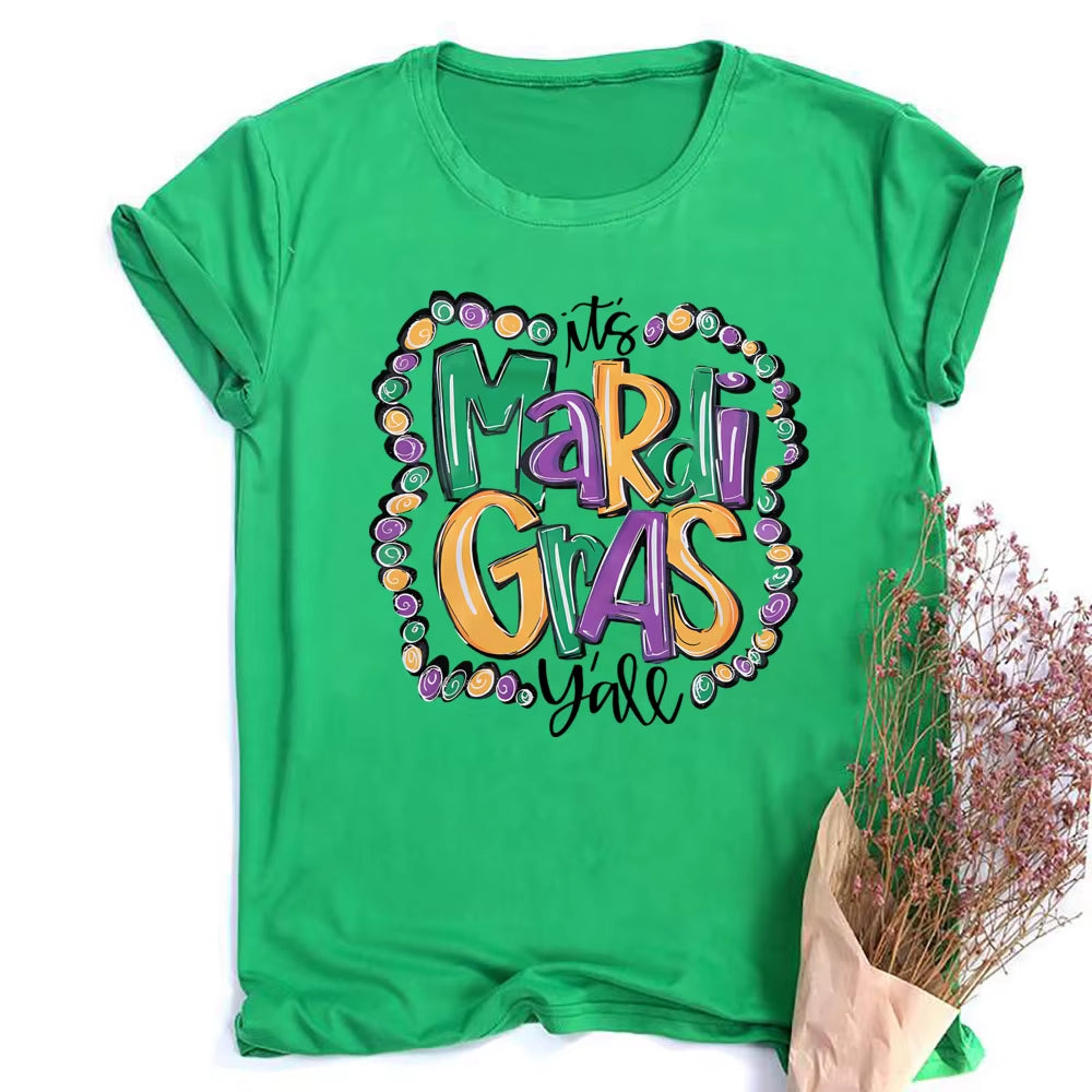 Mardi Gras Shirt for Women It'S Mardi Gras Yall Shirt Carnival Outfit Shirt Holiday Bleached Short Sleeve Tops Clothes
