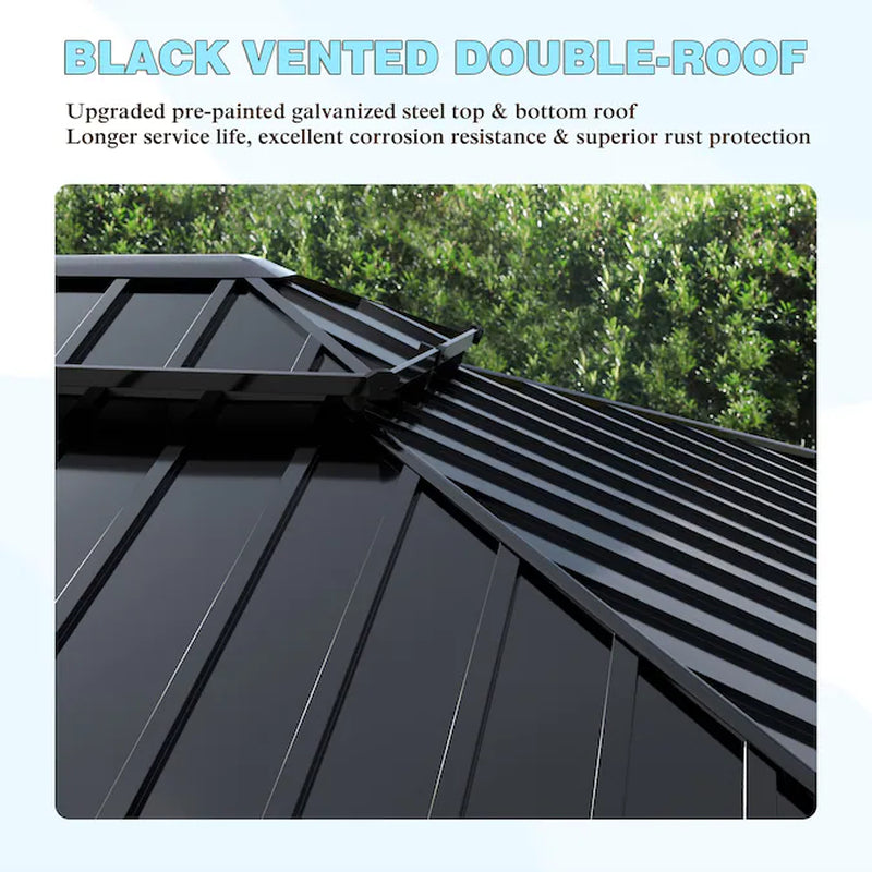 12-Ft X 10-Ft Hardtop Black Gazebo with Hardtop Roof (Screen Included)