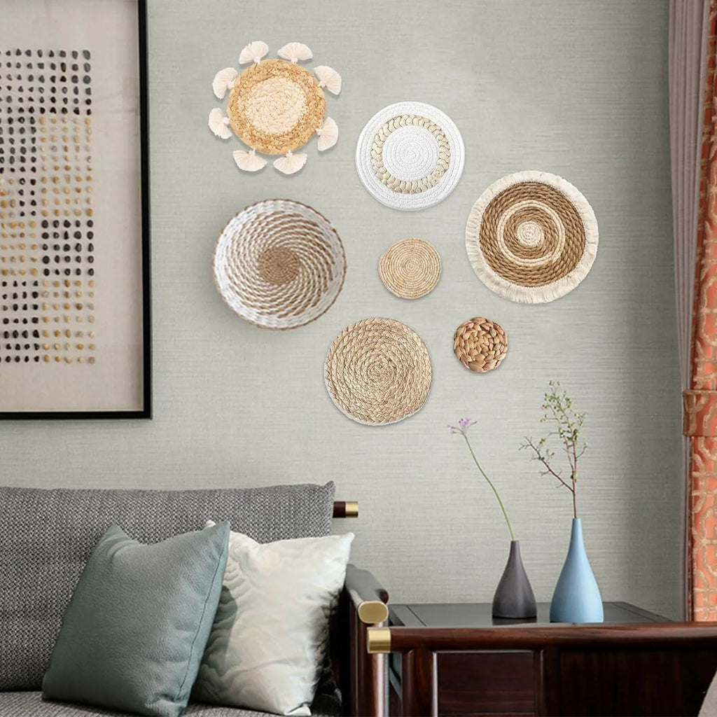 7 Pack Boho Wall Decor, Rattan Wicker Home Decor Boho Wall Art Set Handmade Hanging Rustic Flat Farmhouse Decor for Living Rooms Bedrooms Kitchen