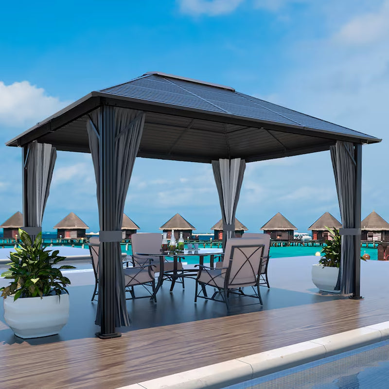12-Ft X 10-Ft Hardtop Black Gazebo with Hardtop Roof (Screen Included)