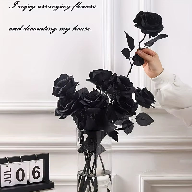 Artificial Black Roses Fake Flowers, Long Stem, with No Container, for Halloween, Home Decor, Wedding Party, Tabletop