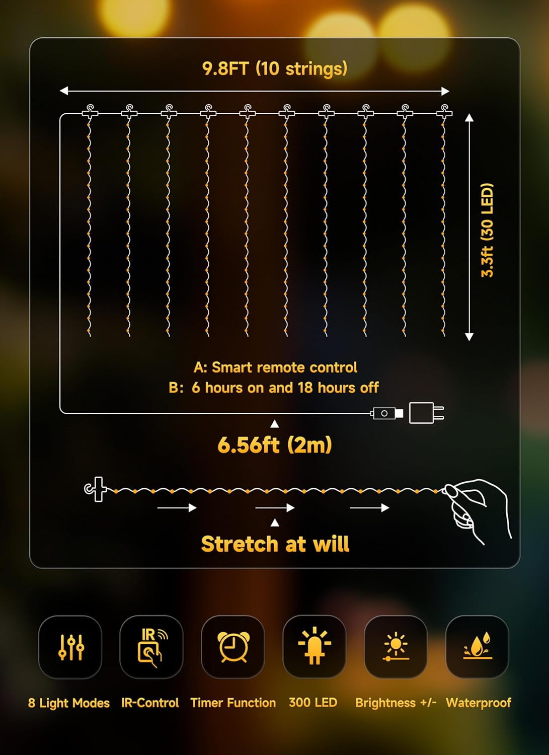 300 LED Curtain String Lights, 9.8 FT Hanging Fairy Lights with Remote, 8 Modes, Waterproof Window Lights for Bedroom Backdrop Wedding Outdoor Party Christmas Decorations(Not Connectable)