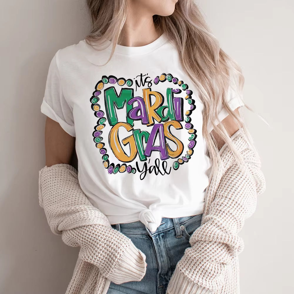 Mardi Gras Shirt for Women It'S Mardi Gras Yall Shirt Carnival Outfit Shirt Holiday Bleached Short Sleeve Tops Clothes