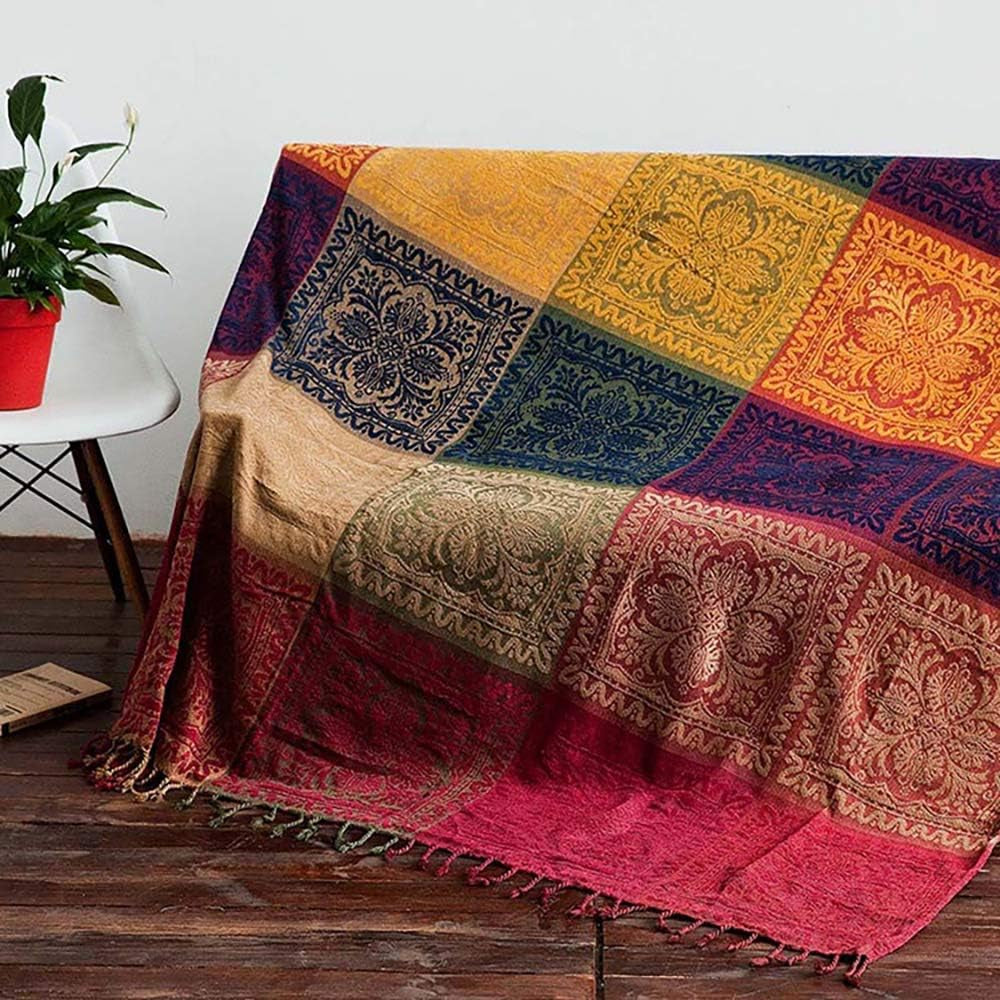 Boho Throw Blanket, Chenille Jacquard Tassels Throw Blankets for Bed Couch Soft Chair， Bohemian Fringe Tassels (Red, S:60X75