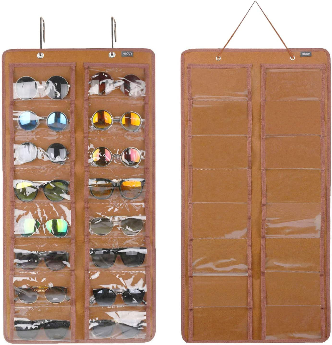 Sunglasses Organizer Storage, Hanging Dust Proof Wall Pocket Glasses Organizer - 16 Felt Slots Sunglass Organizers Holder with Metal Hook and Sturdy Rope (Brown, Dust Proof)