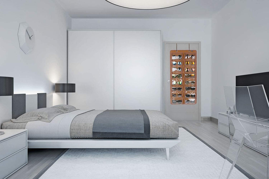 Sunglasses Organizer Storage, Hanging Dust Proof Wall Pocket Glasses Organizer - 16 Felt Slots Sunglass Organizers Holder with Metal Hook and Sturdy Rope (Brown, Dust Proof)