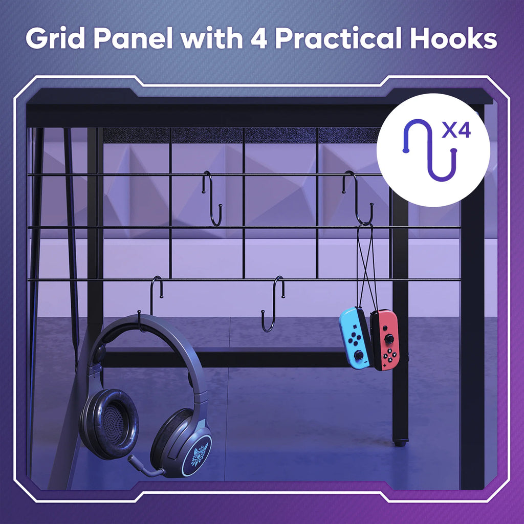 41.7 Inch Gaming Desk with LED Monitor Stand, Storage Pocket, Grid Side Frame, for Gaming Room and Home Office, Carbon Fiber Black