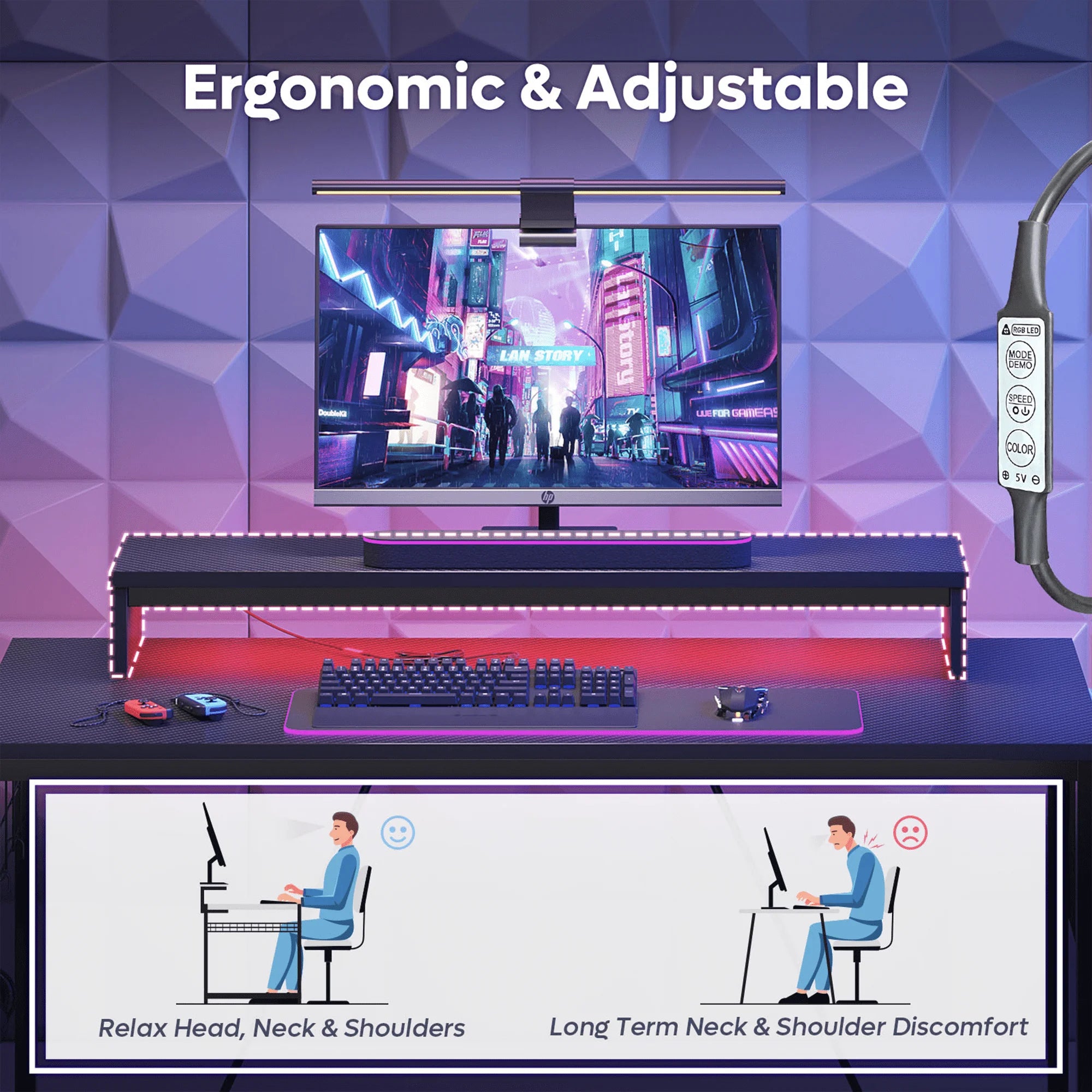 41.7 Inch Gaming Desk with LED Monitor Stand, Storage Pocket, Grid Side Frame, for Gaming Room and Home Office, Carbon Fiber Black