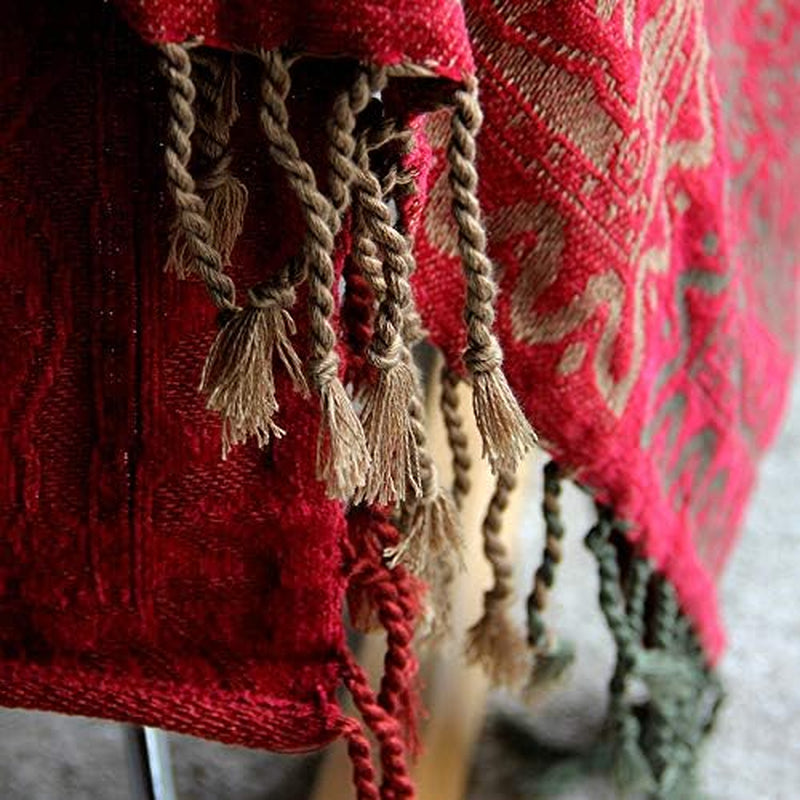Boho Throw Blanket, Chenille Jacquard Tassels Throw Blankets for Bed Couch Soft Chair， Bohemian Fringe Tassels (Red, S:60X75