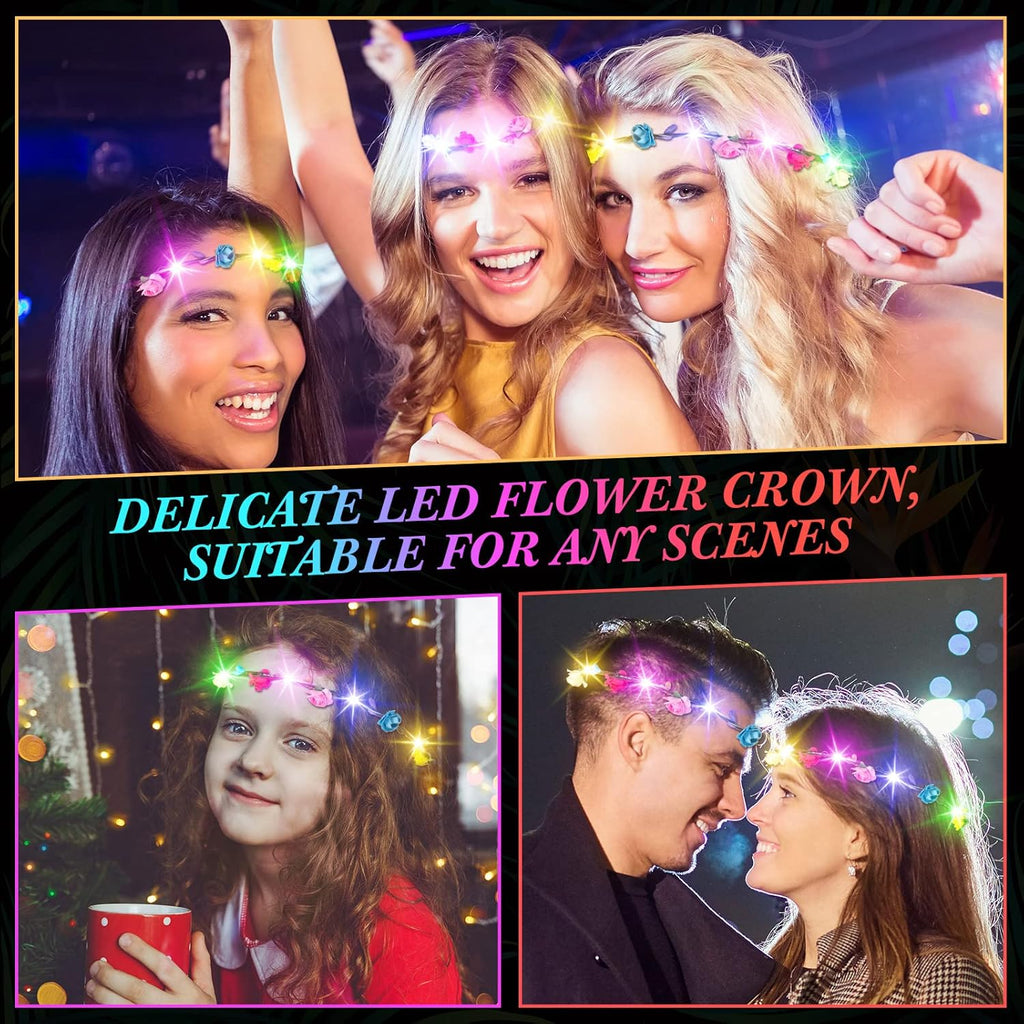 50 Pcs LED Flower Crowns Headbands, Light up Flower Crowns for Women, Glow in the Dark Headband for Wedding Reception Birthday Christmas Mardi Gras Cosplay Princess Party Favors(Rose)