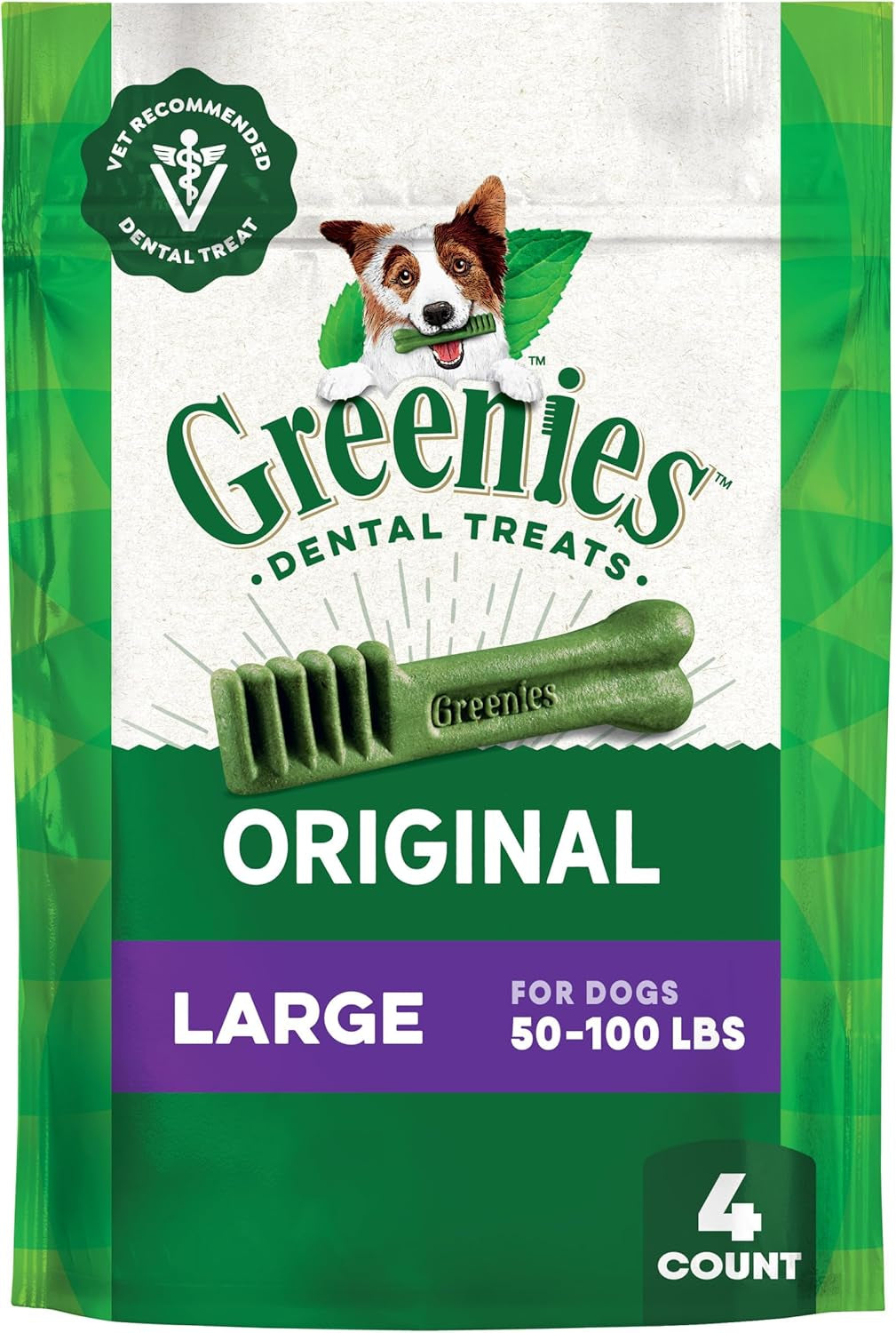 Veterinarian-Recommended Adult Natural Dental Dog Treats Large Size, Original Flavor, 6 Oz. Pack, 4 Count