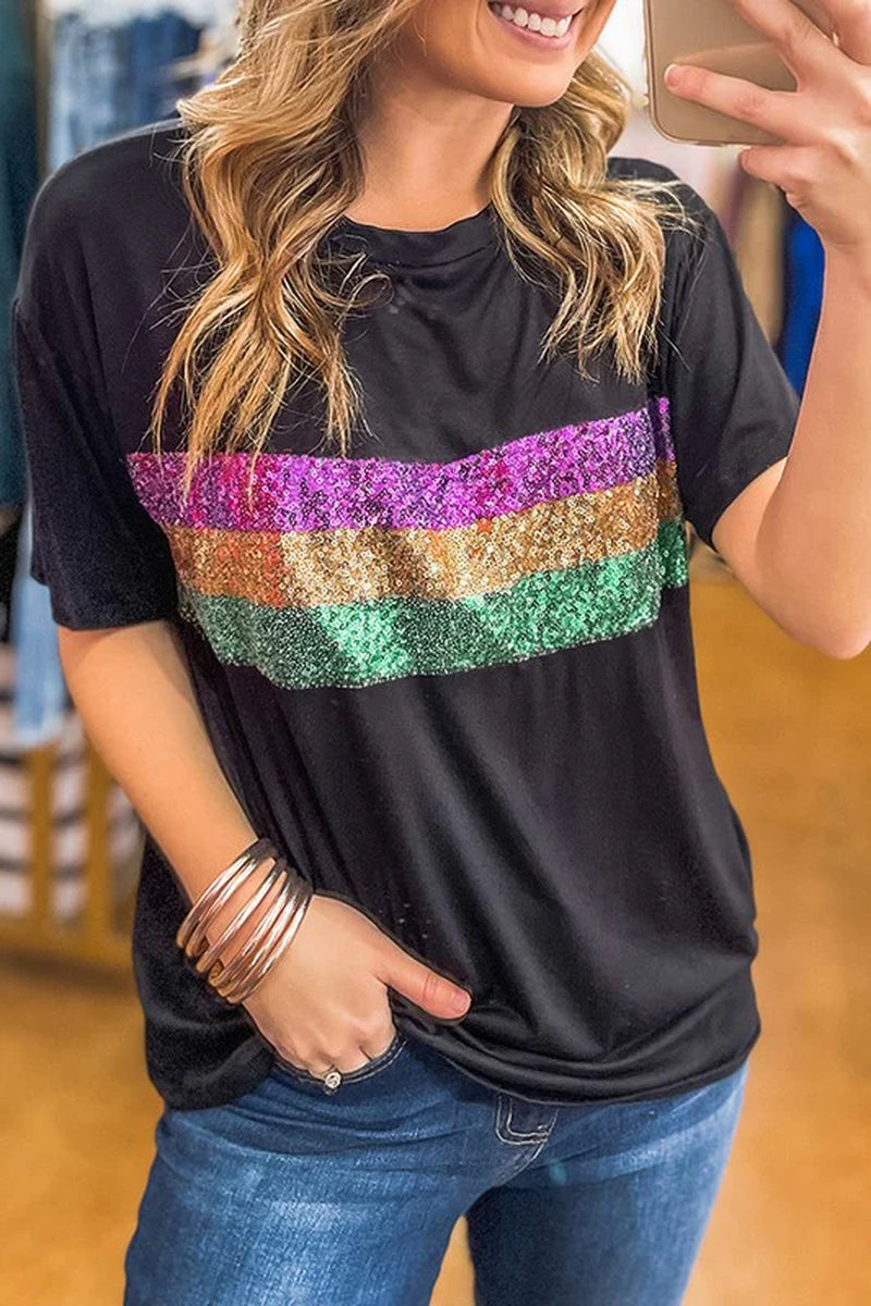 Stripes Patchwork Mardi Gras Crew Neck T Shirt