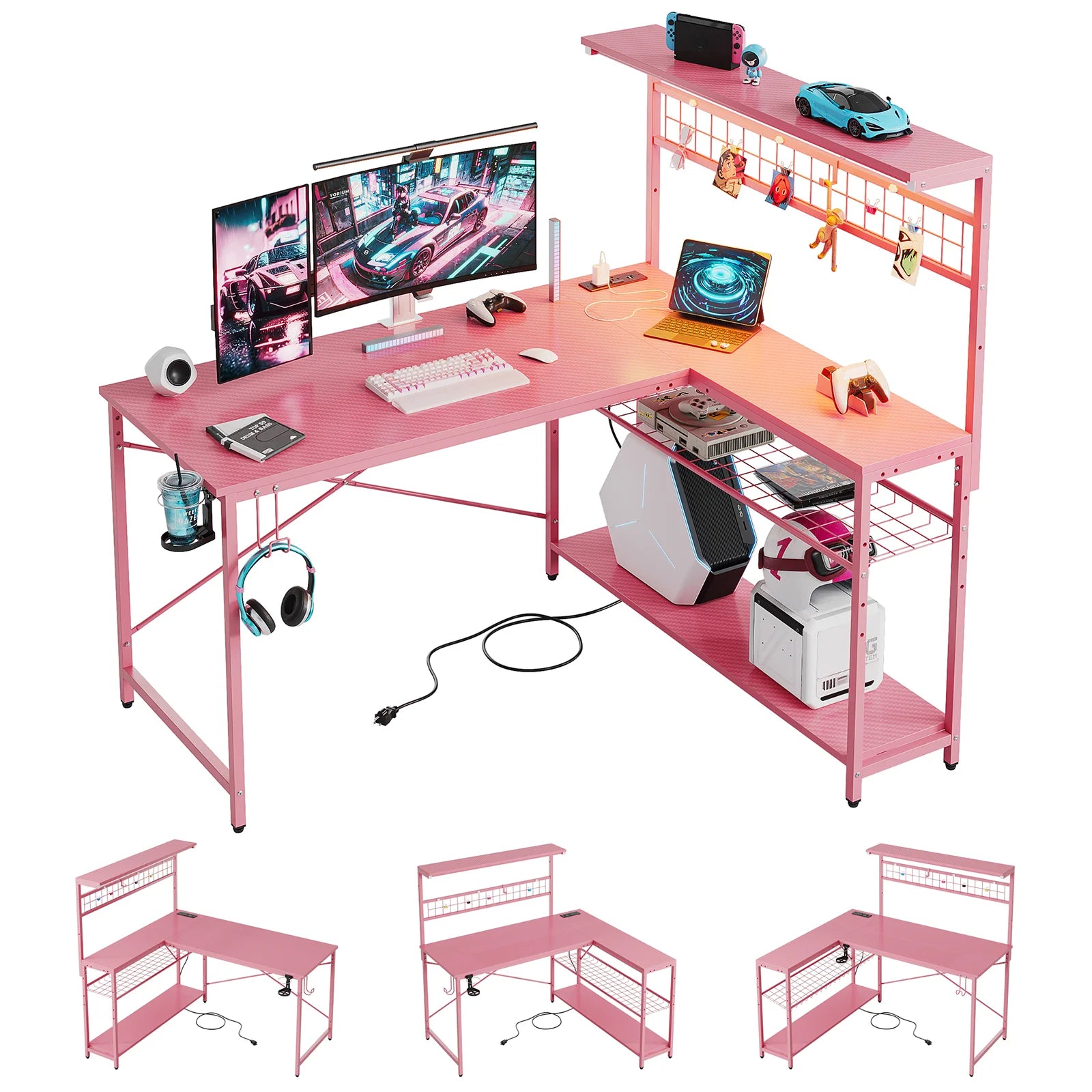 51 L Shaped Gaming Desk with Power Outlets, LED Workstation with 4 Tiers Shelves for Home Office, Gamer Reversible Table with Hooks and Cup Holder,Carbon Fiber Pink