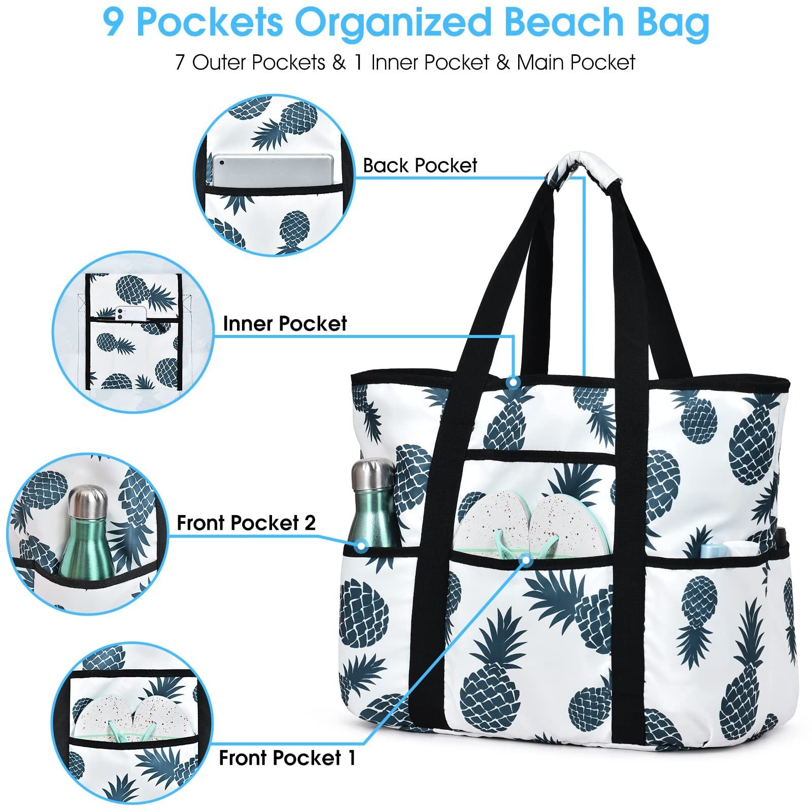 Beach Bags for Women, Beach Tote Bag with Zipper Pockets Beach Bag
