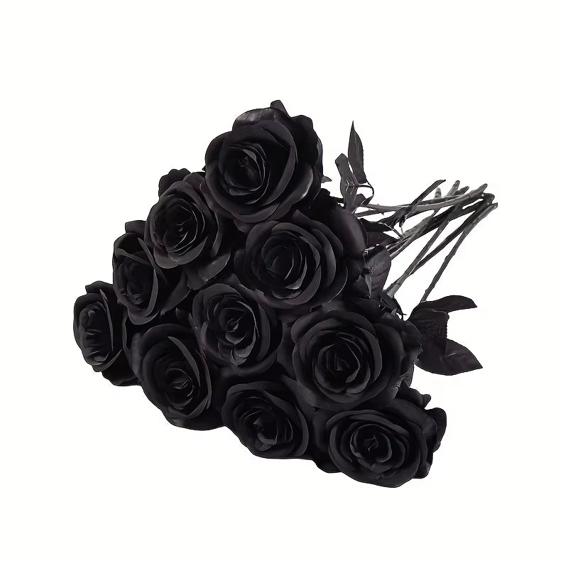 Artificial Black Roses Fake Flowers, Long Stem, with No Container, for Halloween, Home Decor, Wedding Party, Tabletop