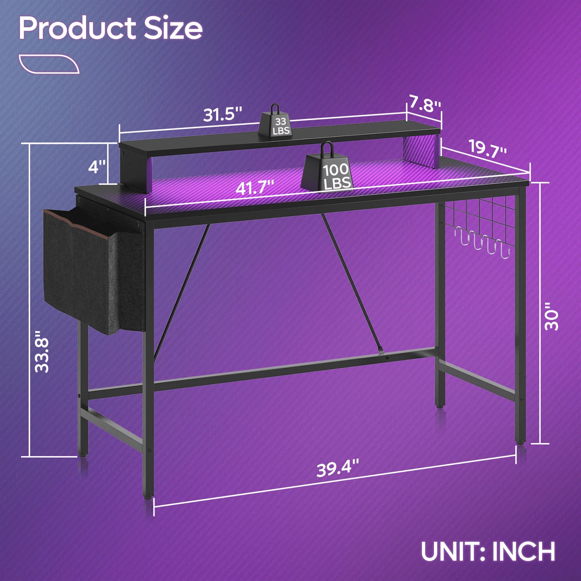 41.7 Inch Gaming Desk with LED Monitor Stand, Storage Pocket, Grid Side Frame, for Gaming Room and Home Office, Carbon Fiber Black