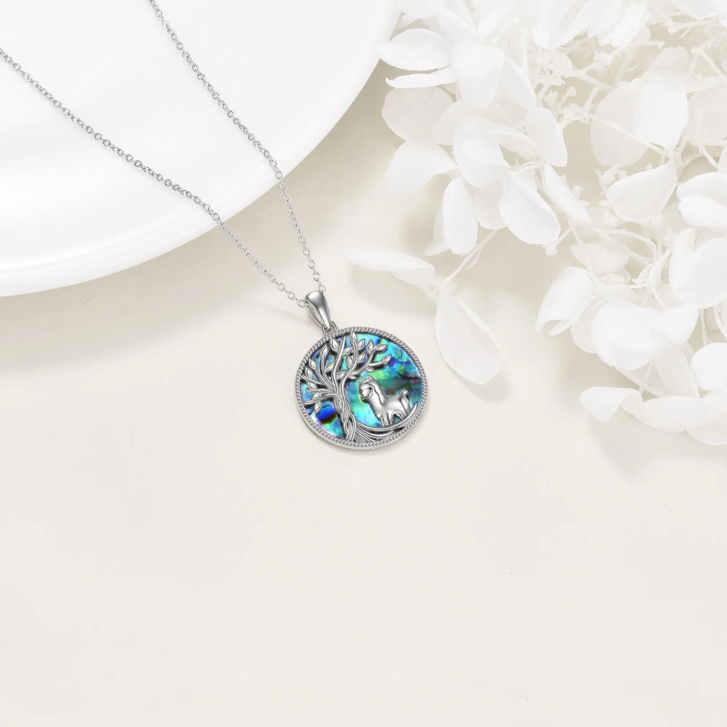 Tree of Life Alpaca Necklace Sterling Silver with Abalone Shell Animal Alpaca Pendant Jewelry Birthday Anniversary Mothers Valentines Day Gifts for Women