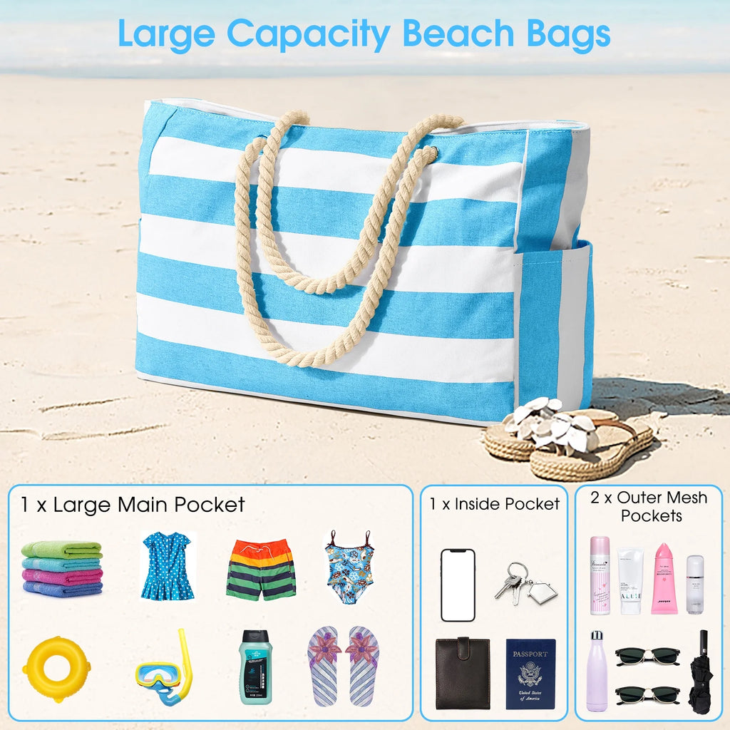 Beach Bag Large Beach Tote for Women Weekender Bag with Zipper Waterproof Travel Holiday Essentials for Pool