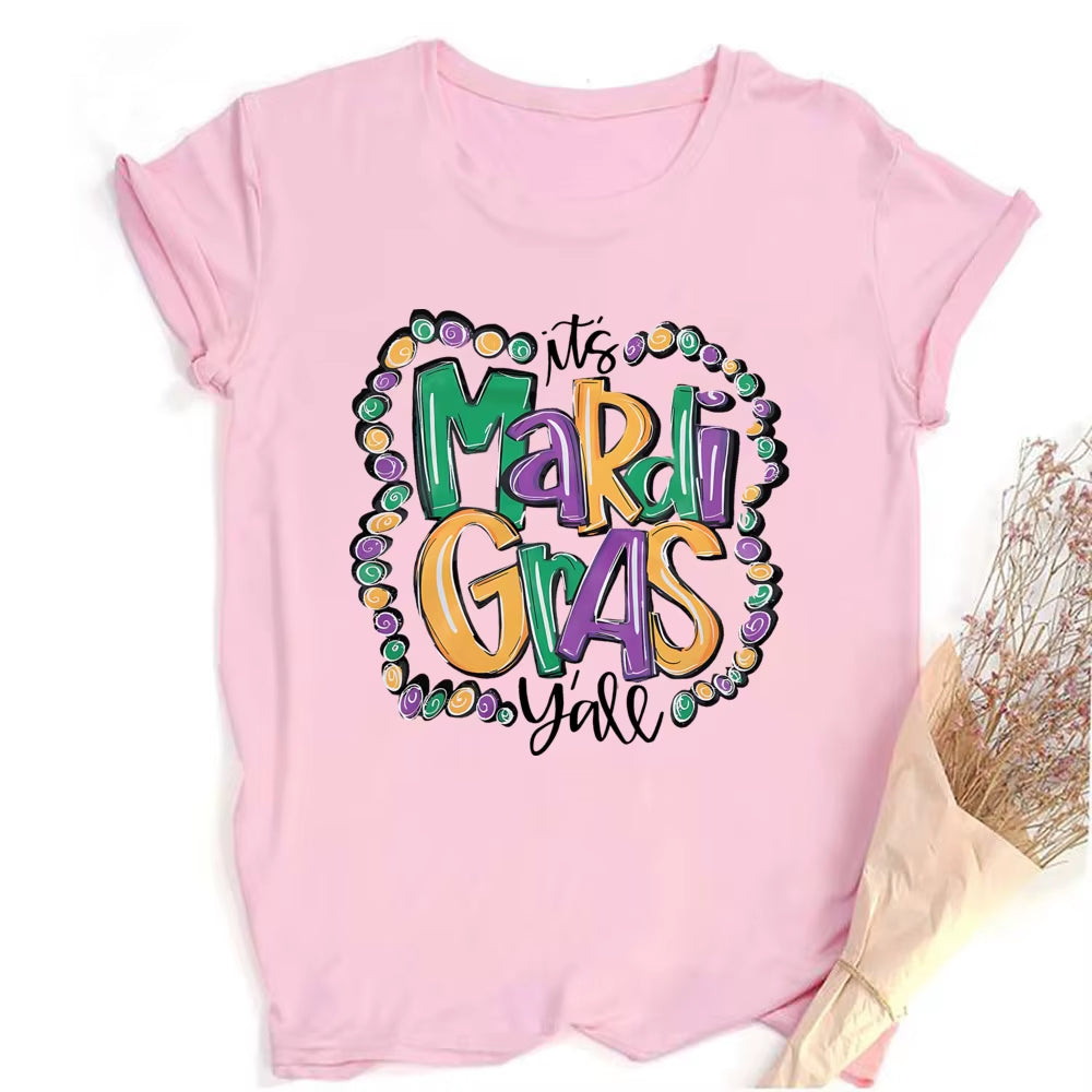 Mardi Gras Shirt for Women It'S Mardi Gras Yall Shirt Carnival Outfit Shirt Holiday Bleached Short Sleeve Tops Clothes