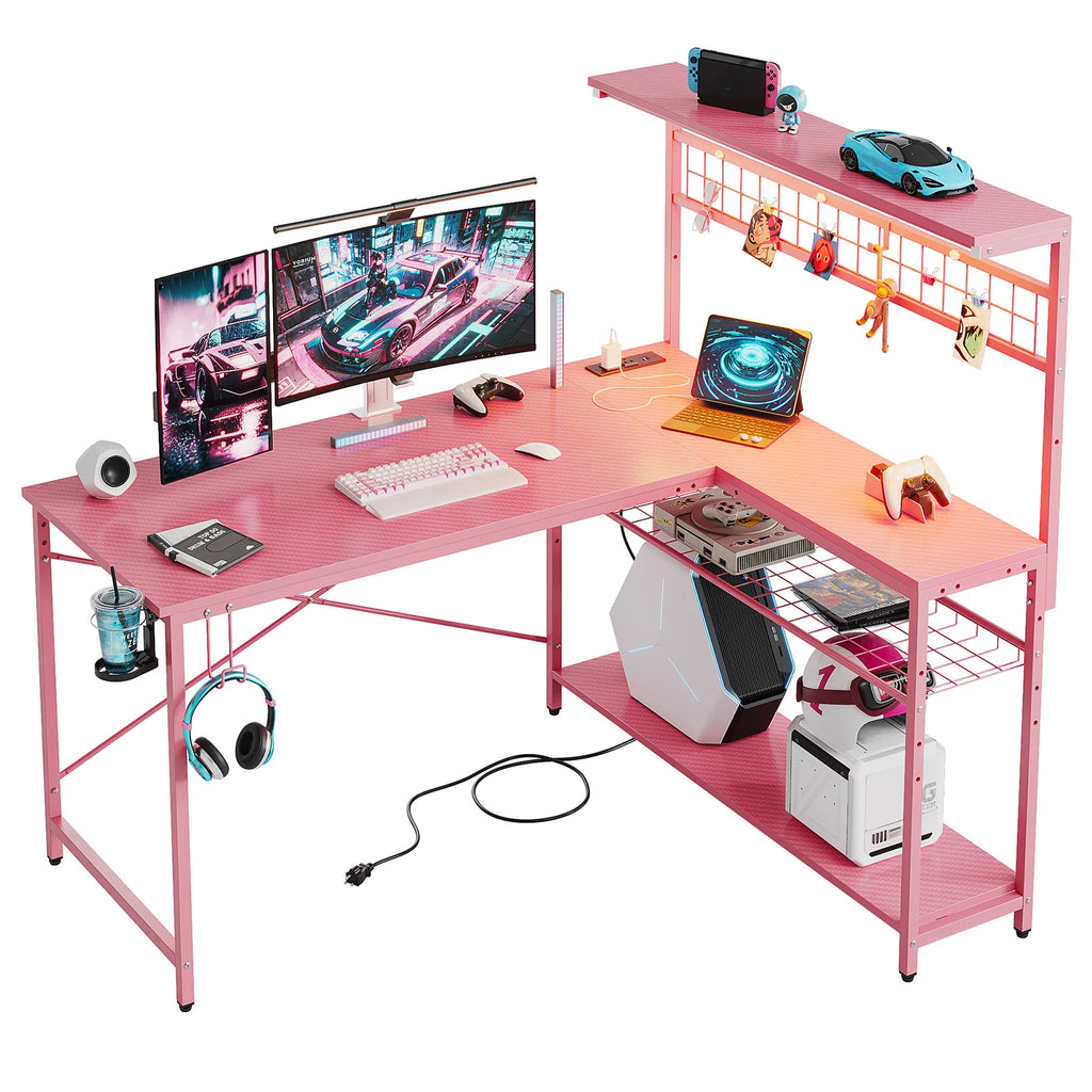 51 L Shaped Gaming Desk with Power Outlets, LED Workstation with 4 Tiers Shelves for Home Office, Gamer Reversible Table with Hooks and Cup Holder,Carbon Fiber Pink