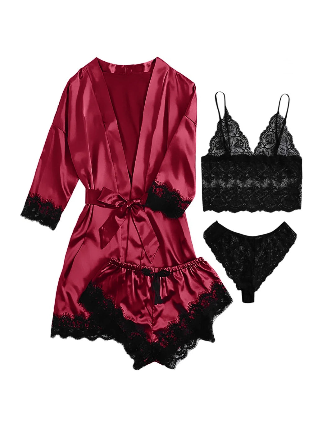 Sexy Lingerie,  Silk Satin Pajamas for Women, Womens Summer Pajamas Pjs Sets of 4 Pcs with Floral Lace Top Shorts and Robe, Gift for Women, Burgundy, XXL