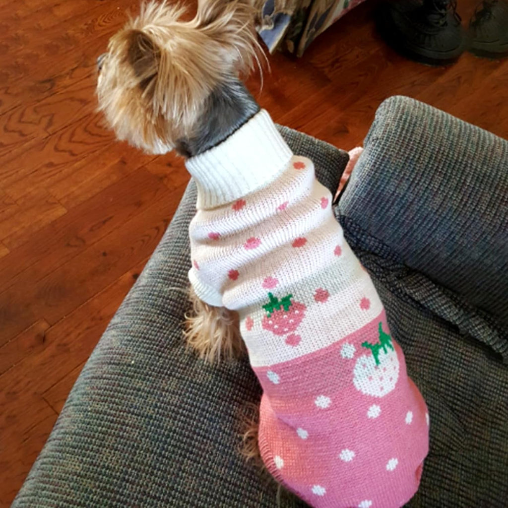 Pet Dog Sweaters Classic Knitwear Turtleneck Winter Warm Puppy Clothing Cute Strawberry and Heart Doggie Sweater (Pink, Small)