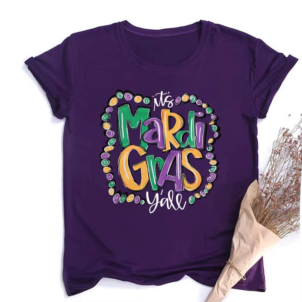 Mardi Gras Shirt for Women It'S Mardi Gras Yall Shirt Carnival Outfit Shirt Holiday Bleached Short Sleeve Tops Clothes
