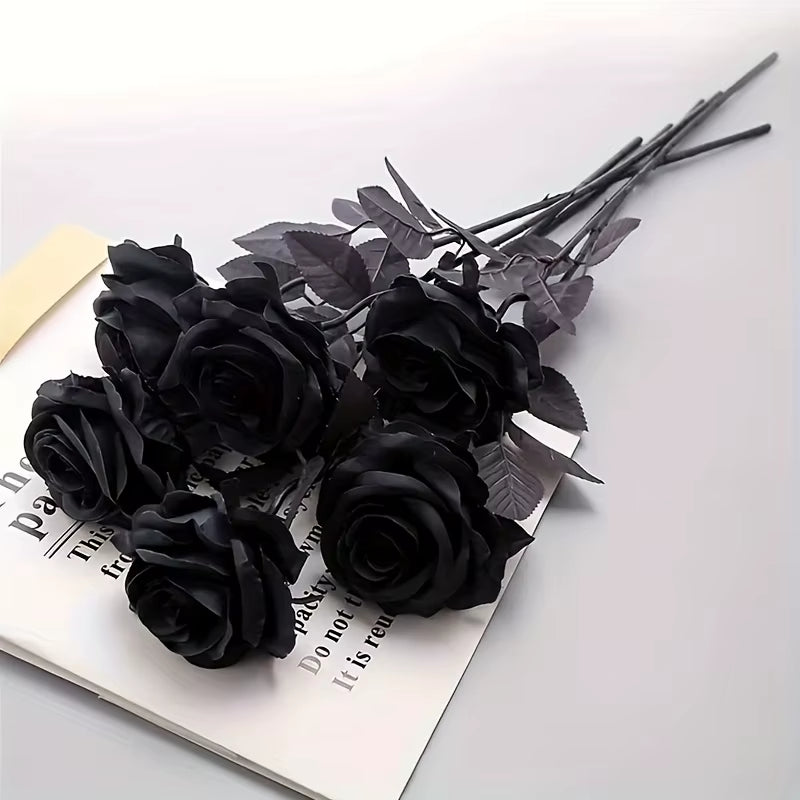 Artificial Black Roses Fake Flowers, Long Stem, with No Container, for Halloween, Home Decor, Wedding Party, Tabletop