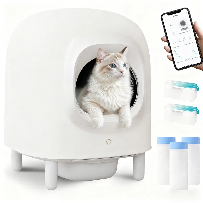 Self Cleaning Cat Litter Box, App Control, Safety Protection, Automatic Smart Robot Litter Box for Multiple Cats, with Garbage Bags&Plastic Air Filter, Black& White