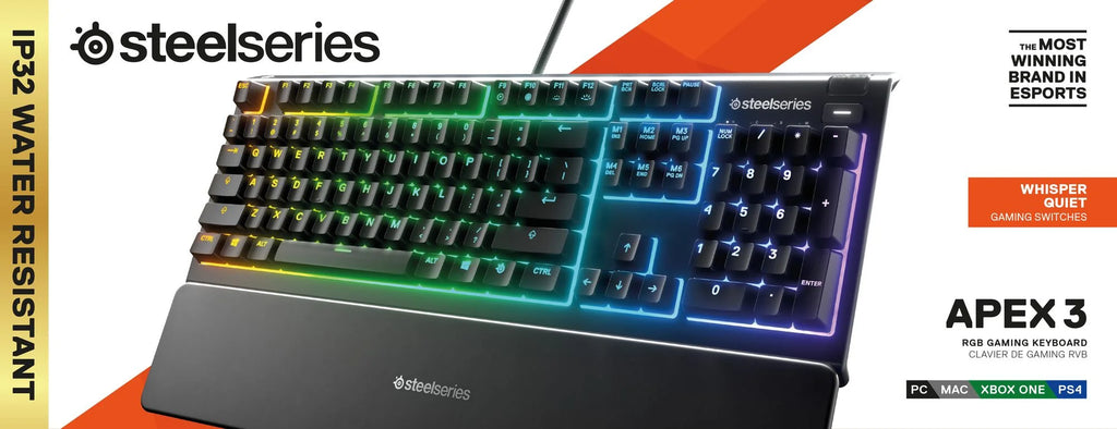 Apex 3 RGB Gaming Keyboard – 10-Zone RGB Illumination – IP32 Water Resistant – Premium Magnetic Wrist Rest (Whisper Quiet Gaming Switch)