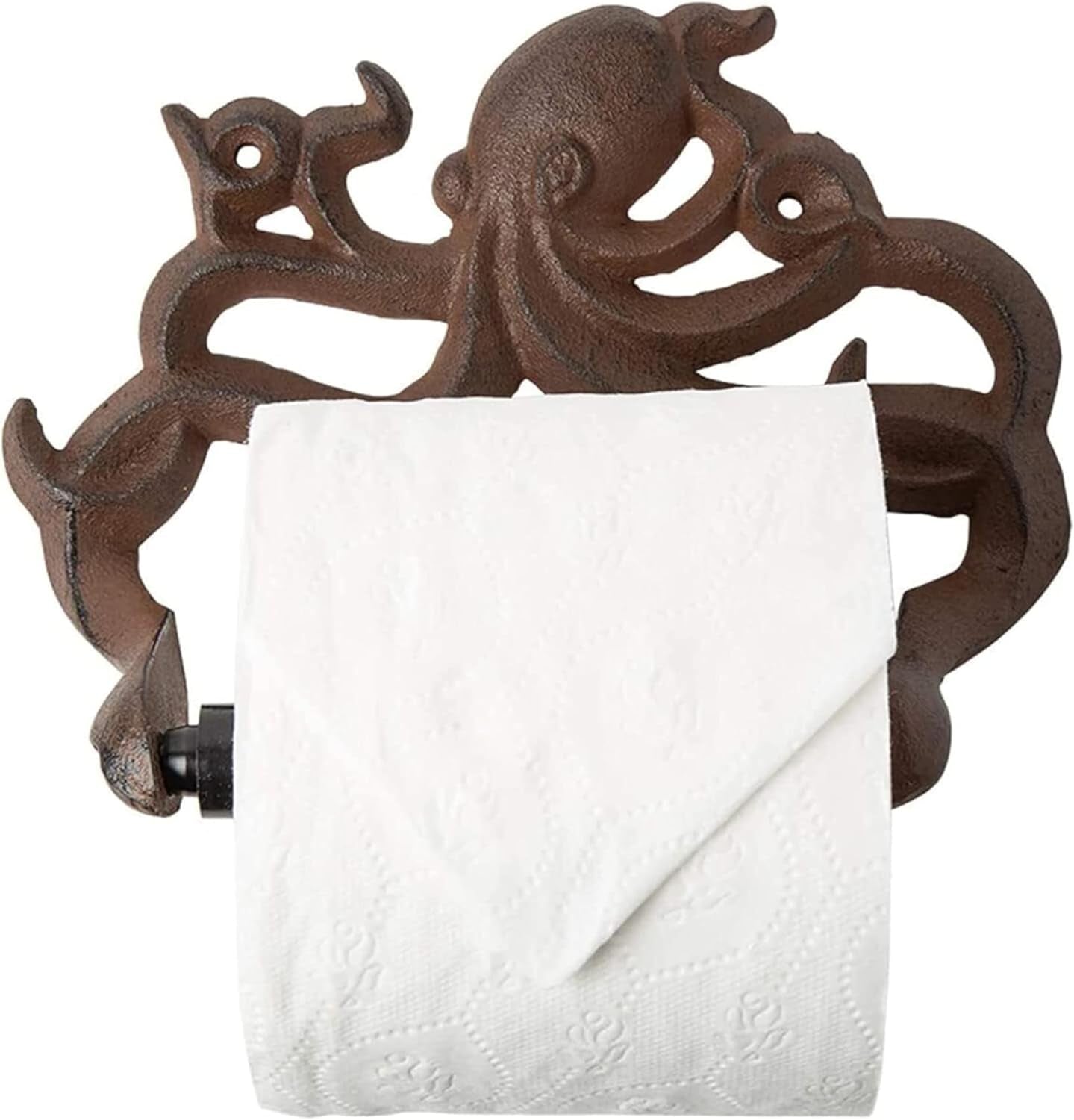 Decorative Cast Iron Octopus Toilet Paper Holder – Wall Mounted Nautical Bathroom Decor – Kraken Design – Easy to Install with Screws & Anchors – Rust Brown