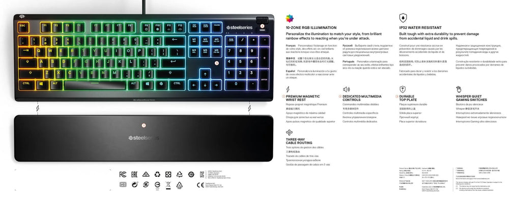 Apex 3 RGB Gaming Keyboard – 10-Zone RGB Illumination – IP32 Water Resistant – Premium Magnetic Wrist Rest (Whisper Quiet Gaming Switch)