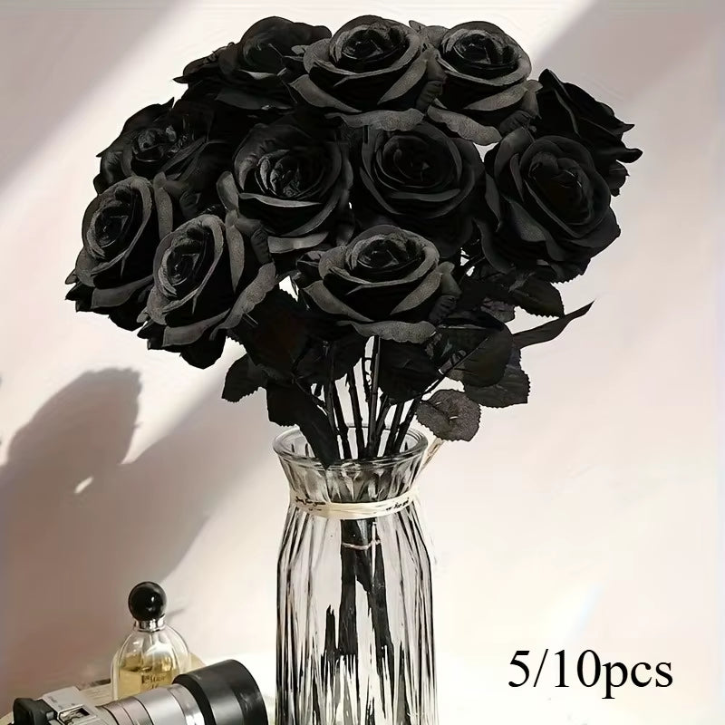Artificial Black Roses Fake Flowers, Long Stem, with No Container, for Halloween, Home Decor, Wedding Party, Tabletop